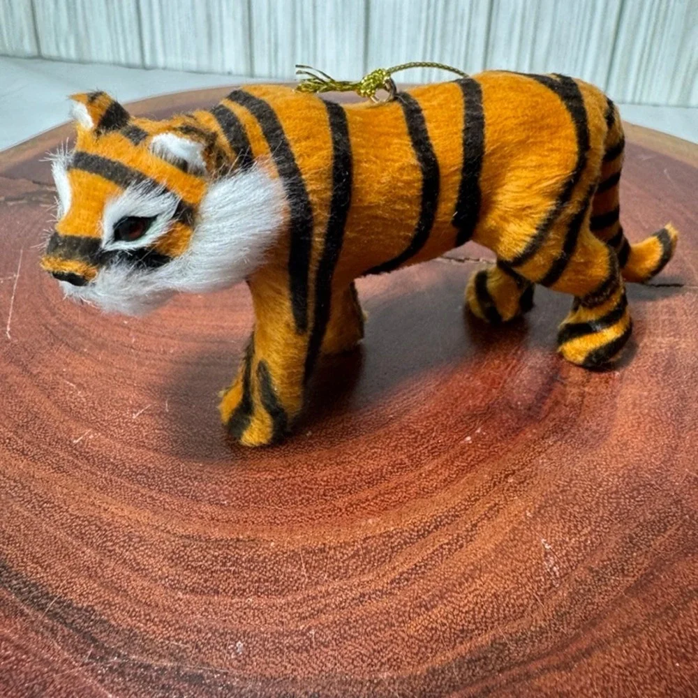Vintage Tiger Christmas Ornament Fuzzy Faux Fur Striped Big Cat Safari Decor